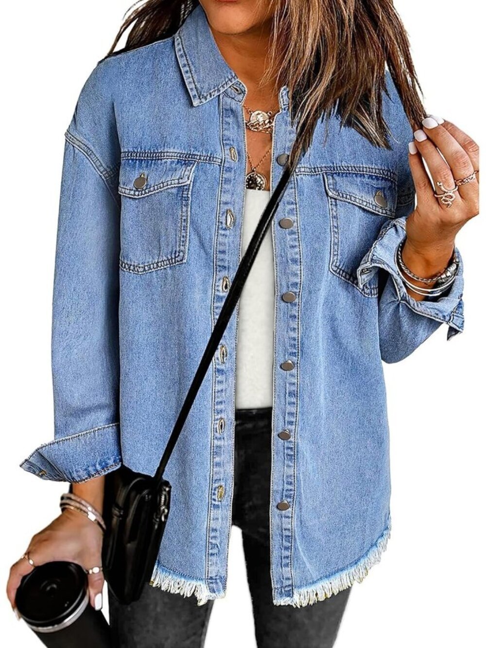 Women's Wave Blue Oversized Button Down Casual Western Jean Jackets Long Sleeve